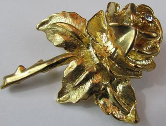 Vintage BROOCH PIN, Intricate ROSE Bloom & LEAF Design, Crystal Clear Rhinestone, Gold Tone Base Metal Setting
