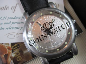 New In Box, Coinwatch Brand WRISTWATCH, Commemorative 2001 New York WASHINGTON QUARTER Face, Leatherette Band