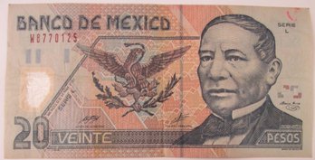Authentic MEXICO Issue, 2001 Series, Genuine VEINTE Twenty 20 PESO Currency Bill, Banco De MEXICO