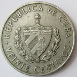 Authentic CUBA Issue Coin, Dated 1962, Twenty Veinte 20 Centavos, Copper Nickel Content, Discontinued Design