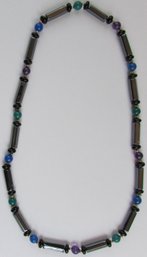 Vintage Single Strand Bead NECKLACE, Black HEMATITE, 14K GOLD Accent Beads, Slip Over Style