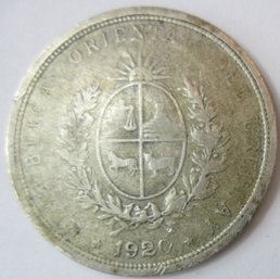 Authentic URUGUAY Issue Coin, Dated 1920, Twenty 20 Centesimos, Discontinued Design, Silver Content