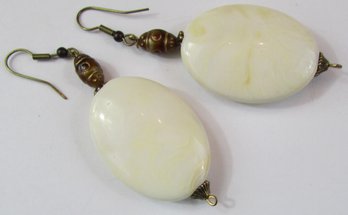 Contemporary Pierced EARRINGS, Dangle DROPS In Faux Ivory Plastic, Loop Backings, Bead Accents