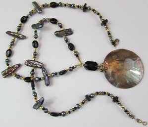 Vintage Drop Pendant Necklace, Polished Mother Of Pearl, Iridescent & Gold Accent Beads, Clasp Closure
