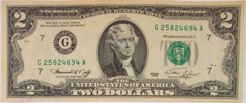Authentic 1976 Series, Thomas Jefferson Two $2 BILL, Francine I. Neff Treasurer, United States