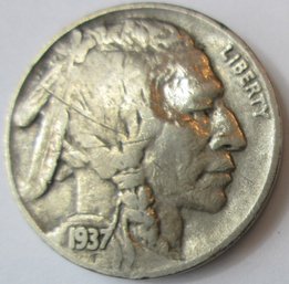 Authentic 1937P BUFFALO NICKEL $.05, PHILADELPHIA Mint, Discontinued United States Type Coin, Nickel Content
