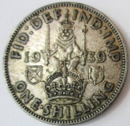 Authentic United Kingdom Coin, Dated 1939, One 1 Shilling, Silver Content, Scottish Crest