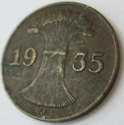 Authentic GERMANY Issue Coin, Dated 1935, One 1 Reichspfennig Denomination, Copper Content, Discontinued