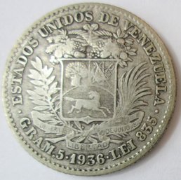 Authentic VENEZUELA Issue Coin, Dated 1936,  Bolivar, 5 Gram Silver Content, Discontinued Design