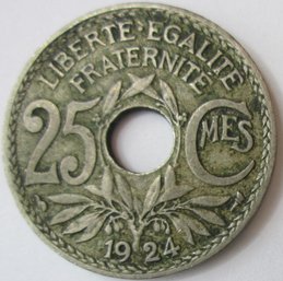 Authentic FRANCE Issue Coin, Dated 1924, Twenty Five 25 CENTIMES, Copper Nickel Content, Discontinued Style