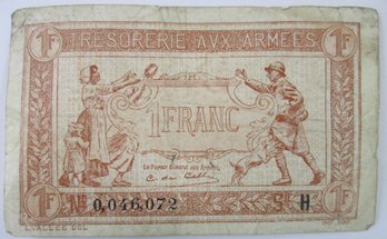 Authentic FRANCE ARMY TREASURY Issue, Genuine I FRANC Denomination, Currency Bill, Bank Note