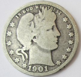 Authentic 1901P BARBER Or LIBERTY SILVER QUARTER $.25, Philadelphia Mint, 90 Percent Silver, United States