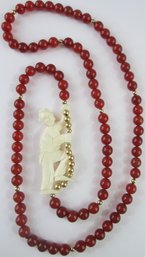 Vintage Single STRAND Necklace, Uniform CARNELIAN Beads, Off Center Bone Figure, 14 K Gold Accents, Appx 30'