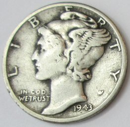 Authentic 1943P MERCURY SILVER DIME $.10, PHILADELPHIA Mint, 90 Percent Silver, Discontinued, United States
