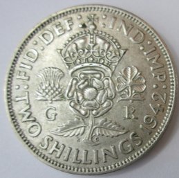 Authentic Great Britain, United Kingdom Issue Coin Dated 1942, Two 2 Shillings, George VI, Silver Content