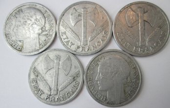 Set Of 5 Coins! Authentic FRANCE Issue, Dated 1941,42,43,44, One 1 FRANC, Aluminum Content, Discontinued Style