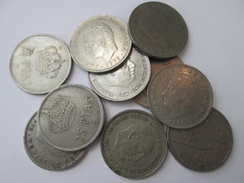 Set Of 10 Coins! Authentic SPAIN Issue, Mixed Dates, Twenty Five 25 Pesetas, Copper Nickel Composition