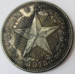 Authentic CUBA Issue Coin, Dated 1915, Twenty Veinte 20 Centavos, Silver Content, Discontinued Design
