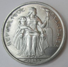 Authentic FRENCH POLYNESIA Issue Coin, Dated 1965, Five 5 FRANCS, Aluminum Content, Discontinued Style