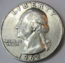Authentic 1962P WASHINGTON SILVER QUARTER Dollar $.25, Philadelphia Mint, 90 Percent Silver, United States