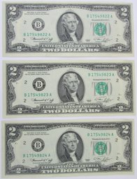 Set Of 3 Bills! Authentic 1976 Series, Thomas Jefferson Two $2 BILLS, Consecutive Serial, CRISP UNCIRCULATED
