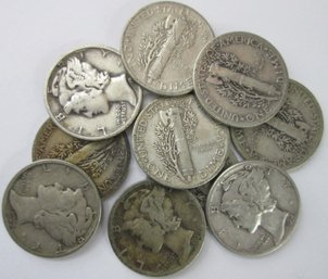 Set 10 Coins! Authentic MERCURY SILVER DIMES $.10, Mixed Dates, 90 Percent Silver, Discontinued United States