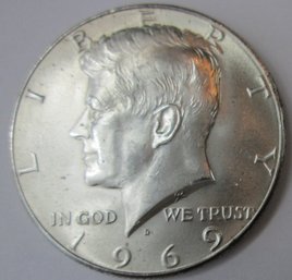Authentic 1969D KENNEDY SILVER Half Dollar $.50, DENVER  Mint, 40 Percent Silver, United States