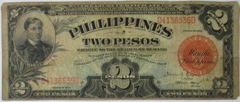 Authentic PHILIPPINES Issue Banknote, 1936 Series, Genuine Two 2 PESO, Silver Certificate, Currency Bill