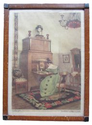 Vintage ARCHITECTURAL Print, Interior Design Keeping The Books, Approx 19' X 14,' Wood Frame