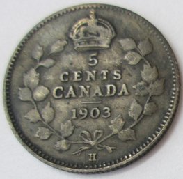 Authentic CANADA Issue Coin, Dated 1903H, Five 5 Cents, Depicts Edward VII, Silver Content