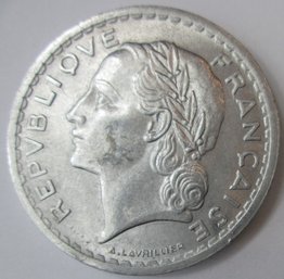 Authentic FRANCE Issue Coin, Dated 1945, Five 5 FRANCS, Aluminum Content, Discontinued Style