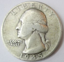 Authentic 1945P WASHINGTON SILVER QUARTER Dollar $.25, Philadelphia Mint, 90 Percent Silver, United States