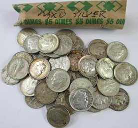 ROLL Of 50 Coins! Authentic ROOSEVELT SILVER  $.10 DIME, 90 Percent Silver Issue, United States