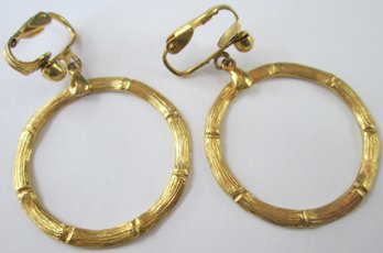 Vintage CLIP Earrings, BAMBOO Design, Hoop Style, Lightweight Gold Tone Base Metal Construction