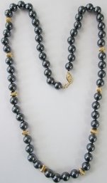 Vintage Single Strand Uniform Bead NECKLACE, Lustrous Black HEMATITE Mineral, 14K GOLD Clasp & Beads