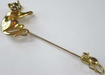 Vintage STICK Pin, Whimsical Cat & Mouse Design, Gold Tone Base Metal Construction