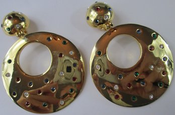 Exceptional Oversized Clip Earrings, Domed DISC Dangle Design, Multicolor Rhinestones, Gold Tone Base Metal