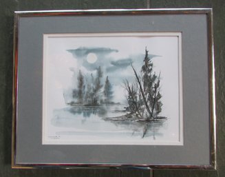 Signed Original Watercolor On Paper, Multicolor 'MOONSCAPE,' Approx 14' X 11.5,' Framed