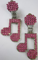 Signed IDEMARIA, Contemporary Clip DANGLE Earrings, MUSIC NOTES, PINK Rhinestones, ITALY, Silver Base Metal