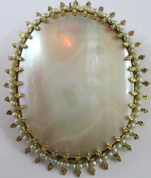 Vintage Cameo Style Brooch Pin Pendant, Polished MOTHER Of PEARL Insert, Gold Tone Base Metal Frame