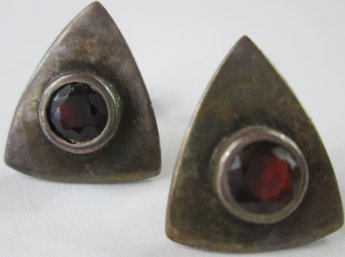Vintage PAIR Pierced EARRINGS, Triangular Shape, RED GARNET Stones, Sterling .925 Silver Setting