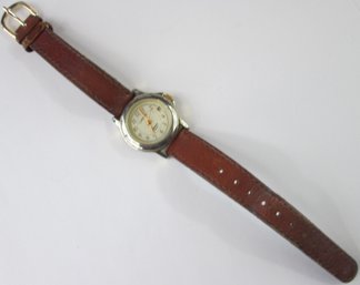 Signed CARRAIGE By TIMEX, Vintage Ladies WRISTWATCH, INDIGLO Model, Silver Tone Base Metal, Leather Band