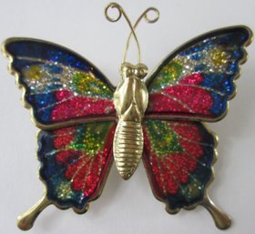 Vintage Brooch Pin, BUTTERFLY MARIPOSA Design, Multicolor Glitter Wings, Gold Tone Base Metal Setting