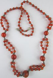 Vintage BEAD Necklace, ORANGE Agate Beads, Silver Tone Base Metal Accent Beads, Screw Barrel Closure
