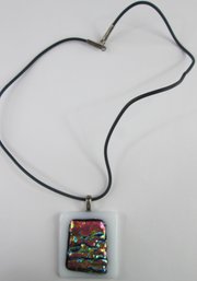 Handmade ARTISAN NECKLACE, Black CORD With Metallic SWIRL ART GLASS Pendant, Clasp Closure