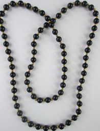 Vintage Single Strand NECKLACE, Onyx BLACK Color & Gold Accent Beads, Approximately 30' Length, Slip Over