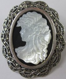 Victorian Style PORTRAIT Brooch Pin, Faux Mother Of Pearl CAMEO Insert, Marcasite Stones, Sterling .925 Silver