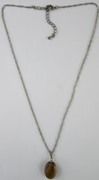 Vintage Chain NECKLACE, Drop CATS EYE Pendant, Silver Tone Base Metal Chain, Functional Clasp Closure