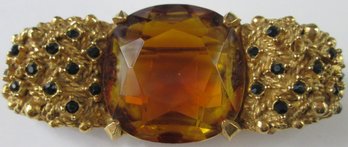 Vintage BROOCH PIN, Faceted Central AMBER Color Stone, Gold Tone Base Metal Setting