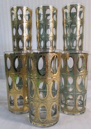 SET Of 6! Vintage CULVER Brand, HIGHBALL Glasses Tumblers, Gold PIZA Pattern, Approx 5.5' Tall